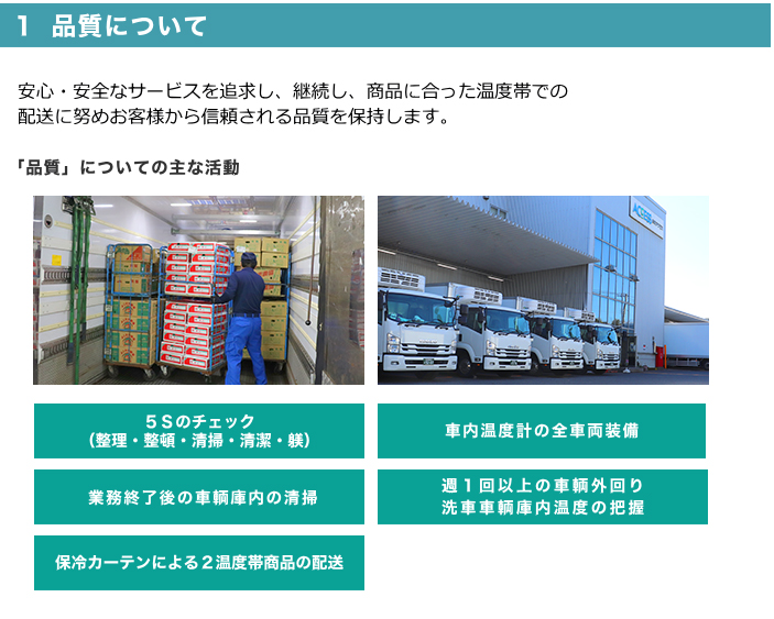 １ 品質について 安心・安全なサービスを追求し、継続し、商品に合った温度帯での配送に努めお客様から信頼される品質を保持します。 「品質」についての主な活動 ＳＳのチェック（整理・整頓・清掃・清潔・躾）／業務終了後の車輌庫内の清掃／保冷カーテンによる２音頭帯商品の配送／車内温度計の全車両装備／週１回以上の車輌外回り　洗車車輌庫内温度の把握
