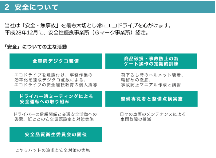２ 安全について 当社は「安全・無事故」を最も大切とし常にエコドライブを心がけます。平成22年12月に、安全性優良事業所（Ｇマーク事業所）認定。「安全」についての主な活動